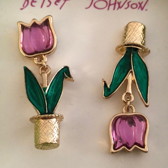 Betsey Johnson Gold Tone Purple Resin Tulip Mismatch Drop Earrings NIB - Picture 6 of 11